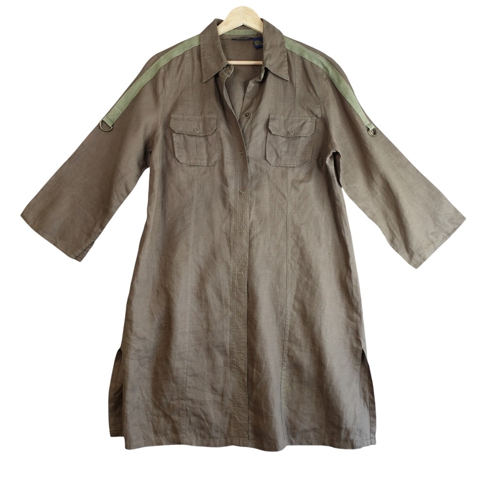 Ecologie Womens XL Brown Linen Shirt Dress Military Safari Utility Tunic Granola